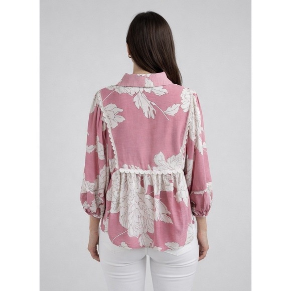 Entro Floral V-Neck Top Scalloped Trim Puff Sleeve Pink & White Large - Picture 2 of 15